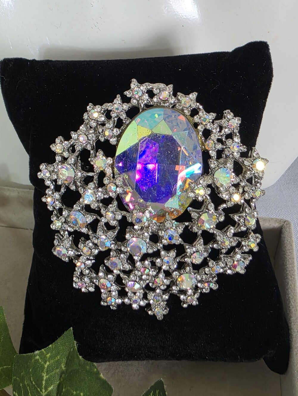 Vintage Style Silver Aurora Borealis Crystal Statement Brooch / Pendant